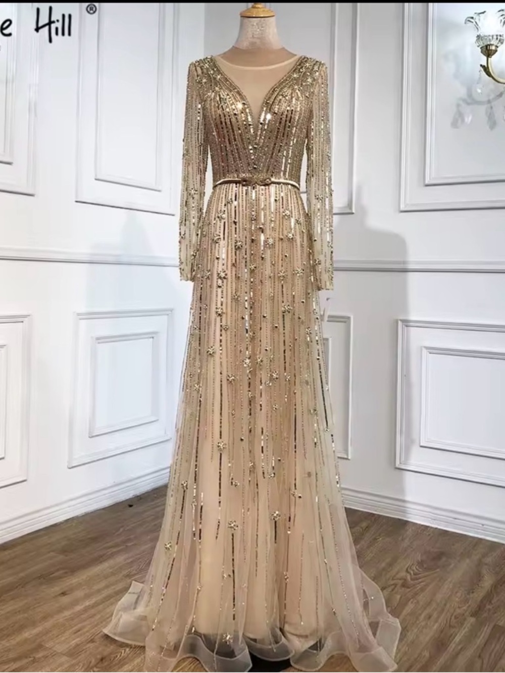 Embellished Champagne Long-Sleeve Evening Gown – Formal Occasion